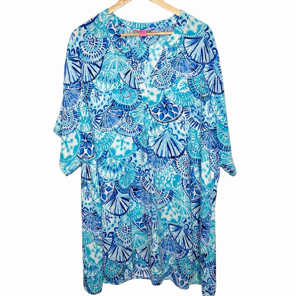 Lilly Pulitzer Cover Up Blue Seashell Womens M Tropical Preppy Resort Caftan